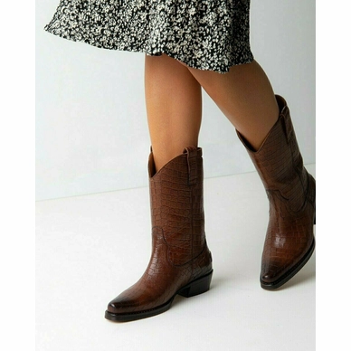 Shabbies Amsterdam Women Western Boot Croco Printed Leather Brown